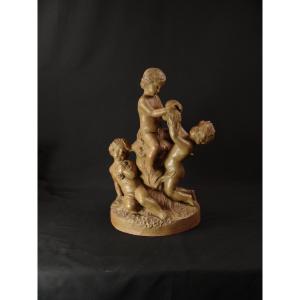 19th Century Patinated Terracotta Group Of Putti Playing At A Fountain, An Allegory Of Water