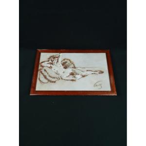 Charles Bichet (1863–1929) Reclining Female Nude In Sepia Charcoal, Framed