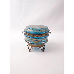 Art Nouveau Candy Dish Decorated With Butterflies, Brass, Painted Blue Glass, Late 19th Century