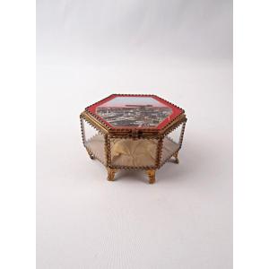 Souvenir Jewelry Box In Glass And Brass From Brest, Early 20th Century