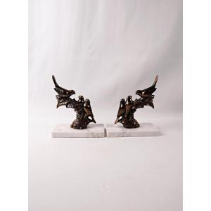 Pair Of Art Deco Bookends Of Perched Birds In Spelter And Marble, Signed Frécourt