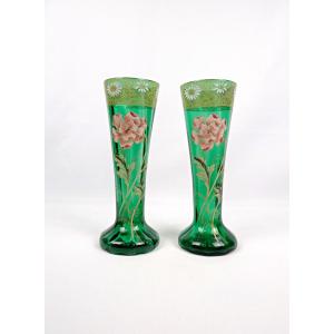 Pair Of Legras Art Nouveau Vases, Emerald Glass, Hand-painted Carnation Decoration, Early 20th Century