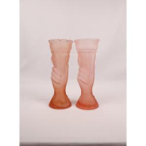 Pair Of Art Deco Vases Depicting A Hand Holding A Torch In Frosted Pink Glass