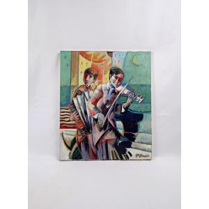 Getty Bisagni (1931-2021) The Musicians Oil On Canvas 55x46 Cubist Expressionist Modern
