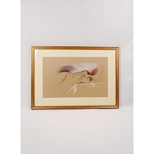 Study Of A Reclining Female Nude, Signed Jhonn. Framed Graphite And Pastel Drawing, Dated. 