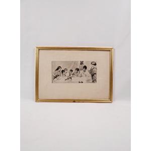 Engraving 'the Quail Fight' By Antoine Rochegrosse, Neoclassical Style, 19th Century