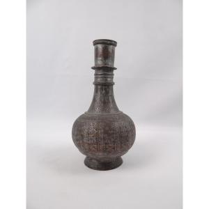19th Century Indo-persian Islamic Vase In Engraved Blue-grey Tinted Copper 