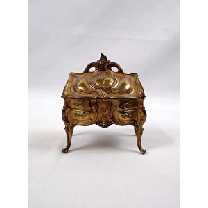 Gilt Bronze Jewelry Box In The Shape Of A Louis XV Style Chest Of Drawers, Early 20th Century