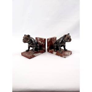 Pair Of Art Deco Bulldog Bookends In Spelter On Griotte Red Marble, Early 20th Century