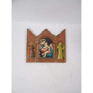Gilded Florentine Religious Triptych Of The Virgin And Child By Raphael, 1950s