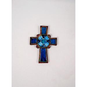 Mid-20th Century Turquoise Blue Glazed Ceramic Wall Cross Christian Cross
