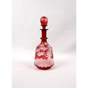 Red-lined Bohemian Glass Carafe With Engraved Hunting Scene Decoration, 19th Century