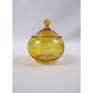 Yellow Bohemian Glass Candy Dish With A Lakeside Scene, Late 19th Century