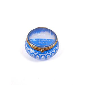 Blue Bohemian Crystal Pillbox Decorated With The Castle Of Baden, 19th Century
