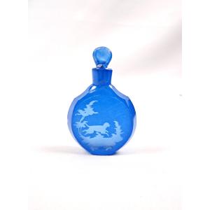 Small Blue Bohemian Crystal Perfume Bottle Decorated With A Hunting Scene, 19th Century