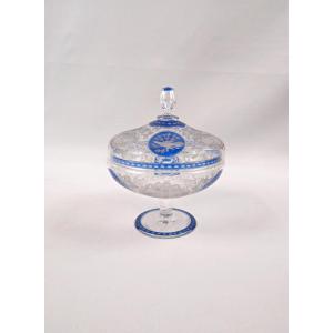 Bohemian Glass Sweet Dish On A Foot, Engraved With Rocaille And Scroll Motifs, 19th Century