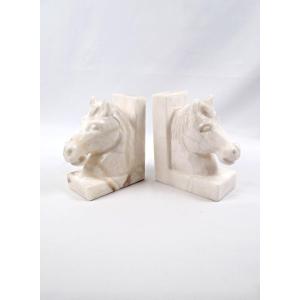 Pair Of Solid White Alabaster Horse Bookends From The 1950s
