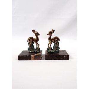 Pair Of Art Deco Bookends In The Shape Of Deer Or Bambi, Made Of Spelter And Gilded Marble