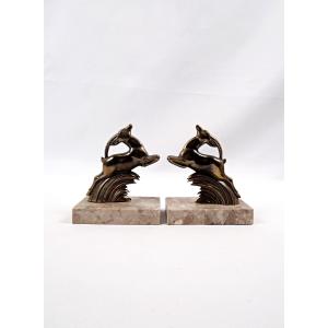 Pair Of Art Deco Gazelle Bookends In Spelter And Grey Marble