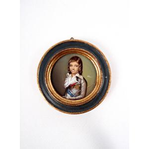 Miniature Gouache On Ivory, Framed And Signed Hil, Of Louis XVII, Late 19th Century