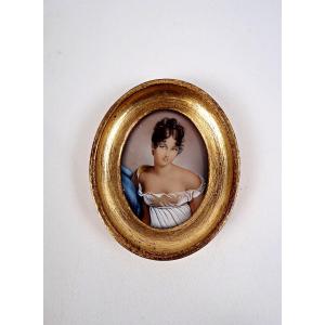 Framed Miniature Gouache On Ivory, Signed Hil, Portrait Of An Elegant Woman, Late 19th Century
