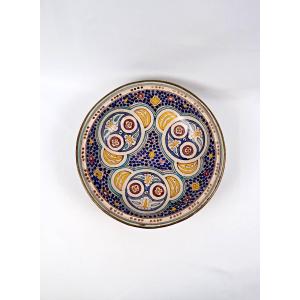 Large Moroccan Art Deco Deep Dish In Glazed Ceramic With Blue Floral Decoration 