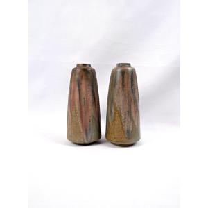 Pair Of Art Deco Vases Signed Charles Greber In Flamed Stoneware From 1930