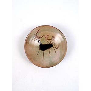 Olivier Pettit Glazed Ceramic Bowl With A Bull And Rooster Decoration In A Naive Style