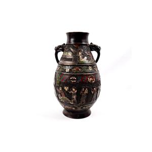 Japanese Enameled Bronze Vase, Meiji Period, 19th Century, Decorated With Religious Ritual Enamels