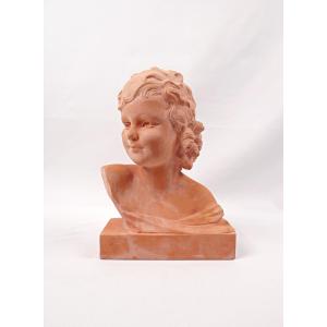 Art Deco Bust Of A Little Girl In Terracotta Signed Ugo Cipriani Early 20th Century