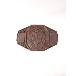 Bronze Art Deco Wall Plaque Of Christ Crowned With Thorns Signed M Thomas Early 20th Century