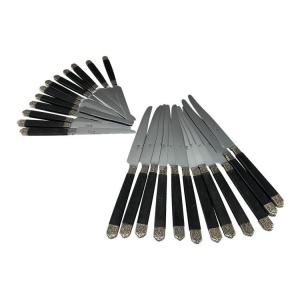 Box Of 24 Knives With Ebony Handle And Silver Ferrule