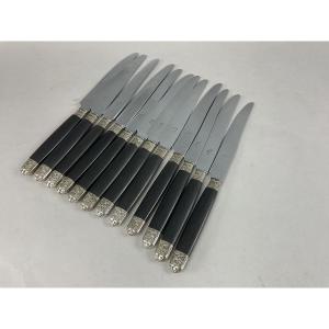 12 Knives With Ebony Handles, Silver Ferrule, Chasse  Decoration