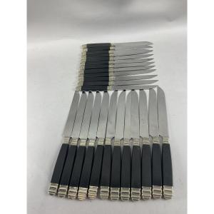 Set Of 24 Table Knives And 12 Cheese Knife With Ebony Handle In Empire Style