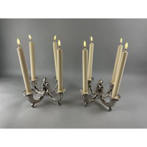 Pair Of Silver-plated Metal Candelabras Or Table Ends