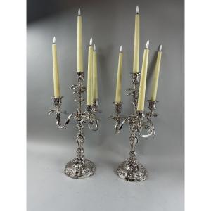 Pair Of Silvered Bronze Louis XV Style Candlesticks