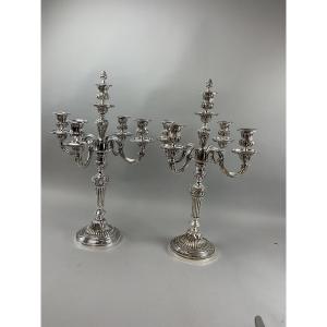 Pair Of 5-arm Silver-plated Metal Candelabras