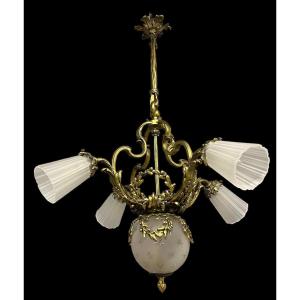 Napoleon III Chandelier In Gilt Bronze 4 Tulips Suspension Light