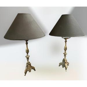 Pair Of Electrified Bronze Candlesticks, Church Candlesticks 