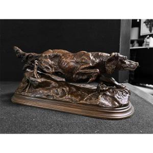 Animal Bronze By J. Moigniez, Setter Hunting Dog 