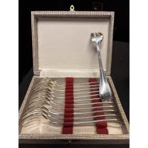 12 Christofle Oyster Forks With Crossed Ribbons, Silver-plated Metal