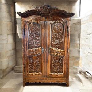 Rennes Wardrobe From 1768, Signed, In Cherry Wood With Double Pediment