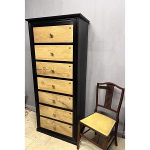 Weekly Chest Of Drawers In Black And Natural Chestnut Wood, Office Furniture, Chest Of Drawers With 7 Drawers 