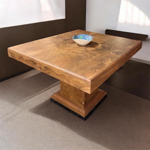 Art Deco Table With A Central Pedestal Base In Natural Walnut Burl, With 2 Extension Leaves 