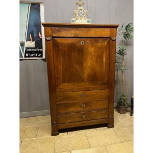 Large Secretary Desk In Solid Walnut, Restoration Period, Drop-front Desk  