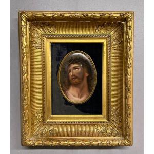 Crowned Christ Painting On Porcelain Card Carved Golden Religious