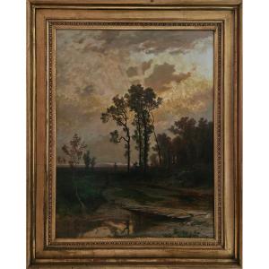 Adolf Gustav Ditscheiner – Grand Paysage Au Crépuscule – Huile Sur Toile Datée 1872