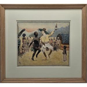 Watercolor Monogrammed “cm”, Dated 1902. Colonial Scene – Africa