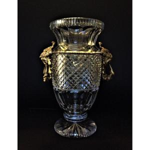 Cut Crystal Vase Decorated With Two 20th Century Faun Heads