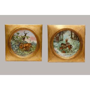 Pair Of Plates, “families Of Deer And Roe Deer”, Earthenware, Signed Narcisse Vivien. France